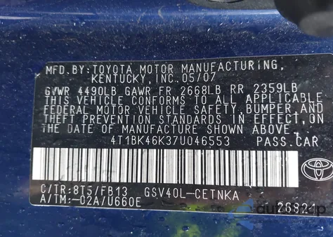 2007 Toyota Camry Le V6 from USA, damaged, VIN 4T1BK46K37U046553
